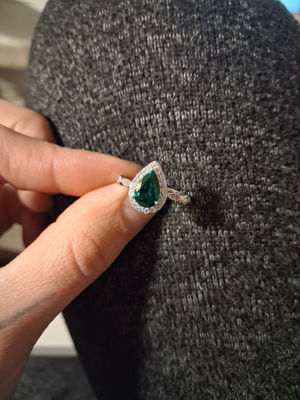 Emerald Teardrop Halo Ring - Green Stone in Silver Setting